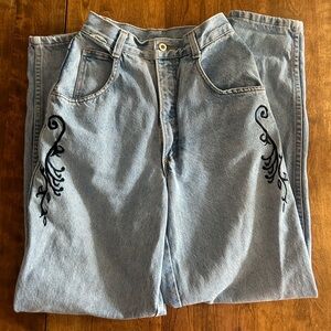coquette vintage mom jeans with black embroidery